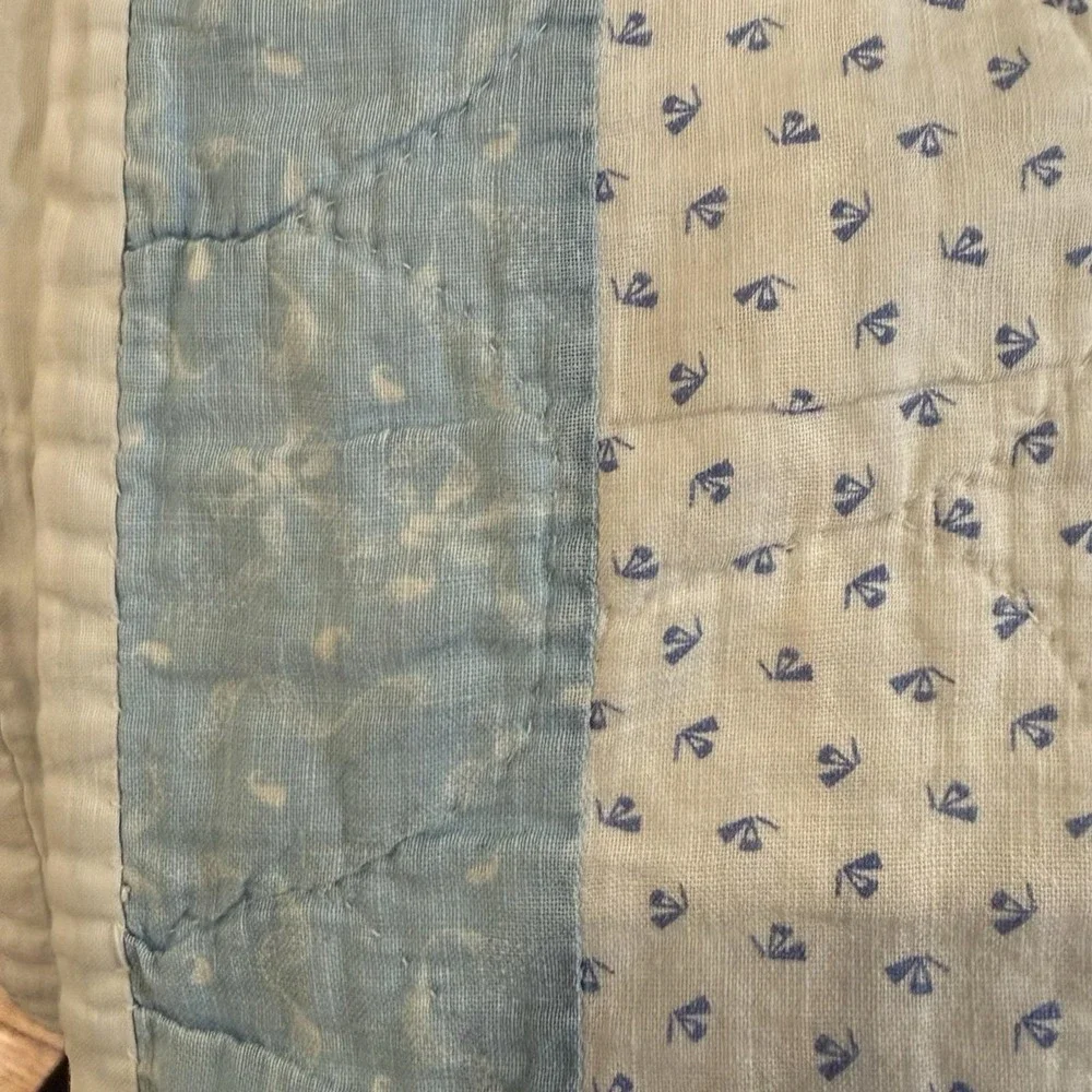 Vintage Hand Quilted Patchwork Quilt Full Blue Pink Cottage Farmhouse Cotton